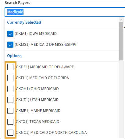 Search Payers menu list with blue checkmarks in selected payers and a yellow highlight box around the available payers checkboxes.